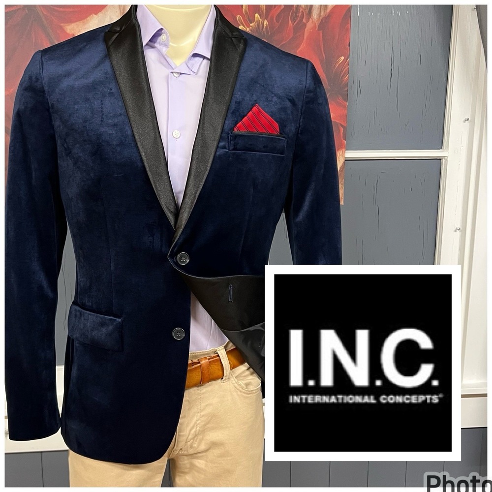 INC International Concepts Velvet Dinner Jacket Mens Medium (40R) Slim Fit Navy